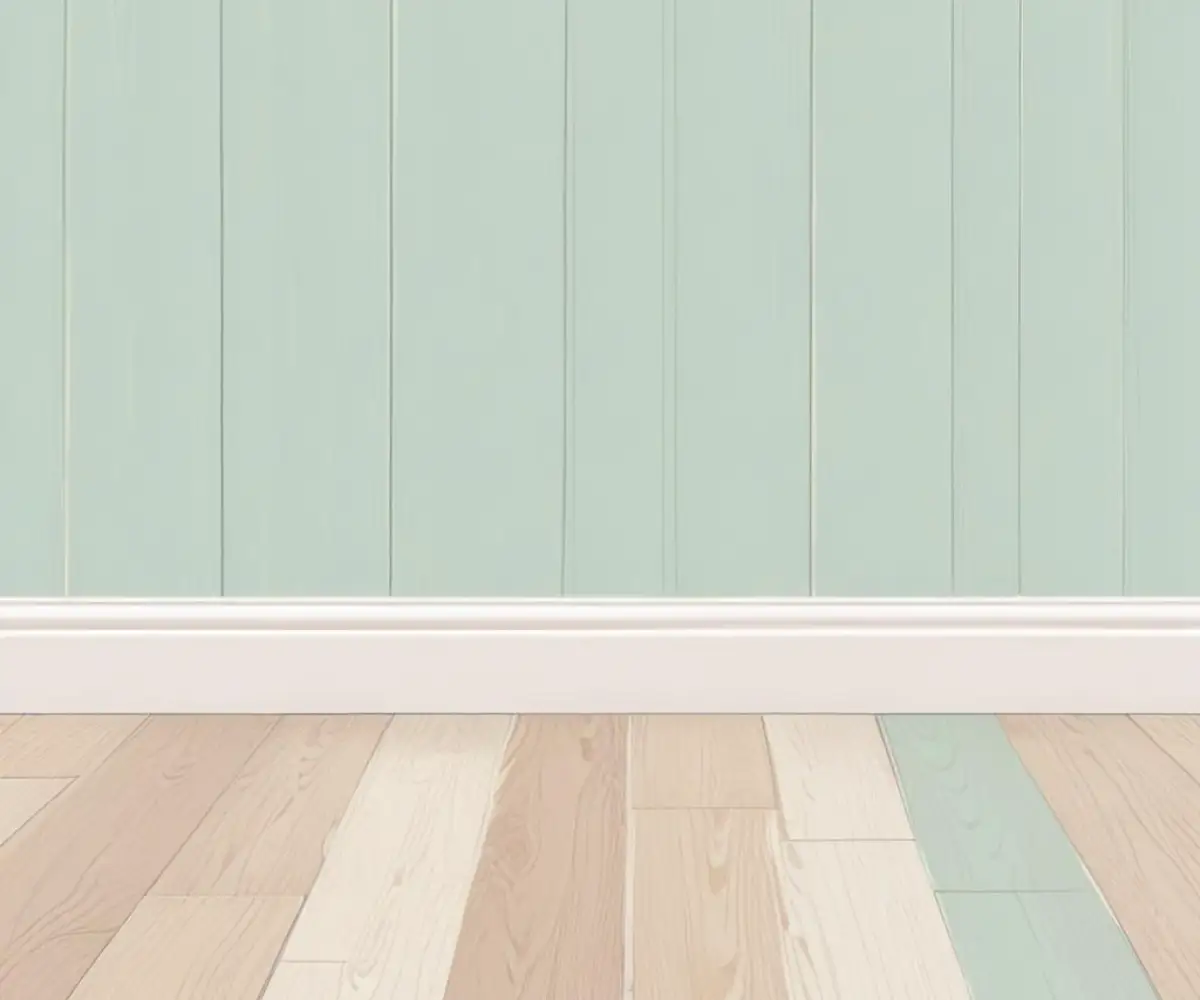 A close-up view of light-colored vinyl plank flooring installed with white quarter round molding against a white baseboard.