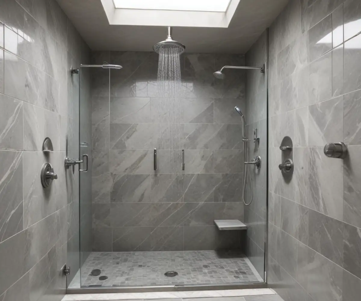 A walk-in shower with a glass enclosure, stainless steel rainfall showerhead, and gray marble-patterned wall tiles.