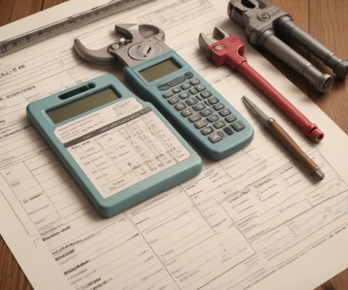 A pipe wrench and a calculator resting on top of a generic plumbing invoice on a wooden surface.