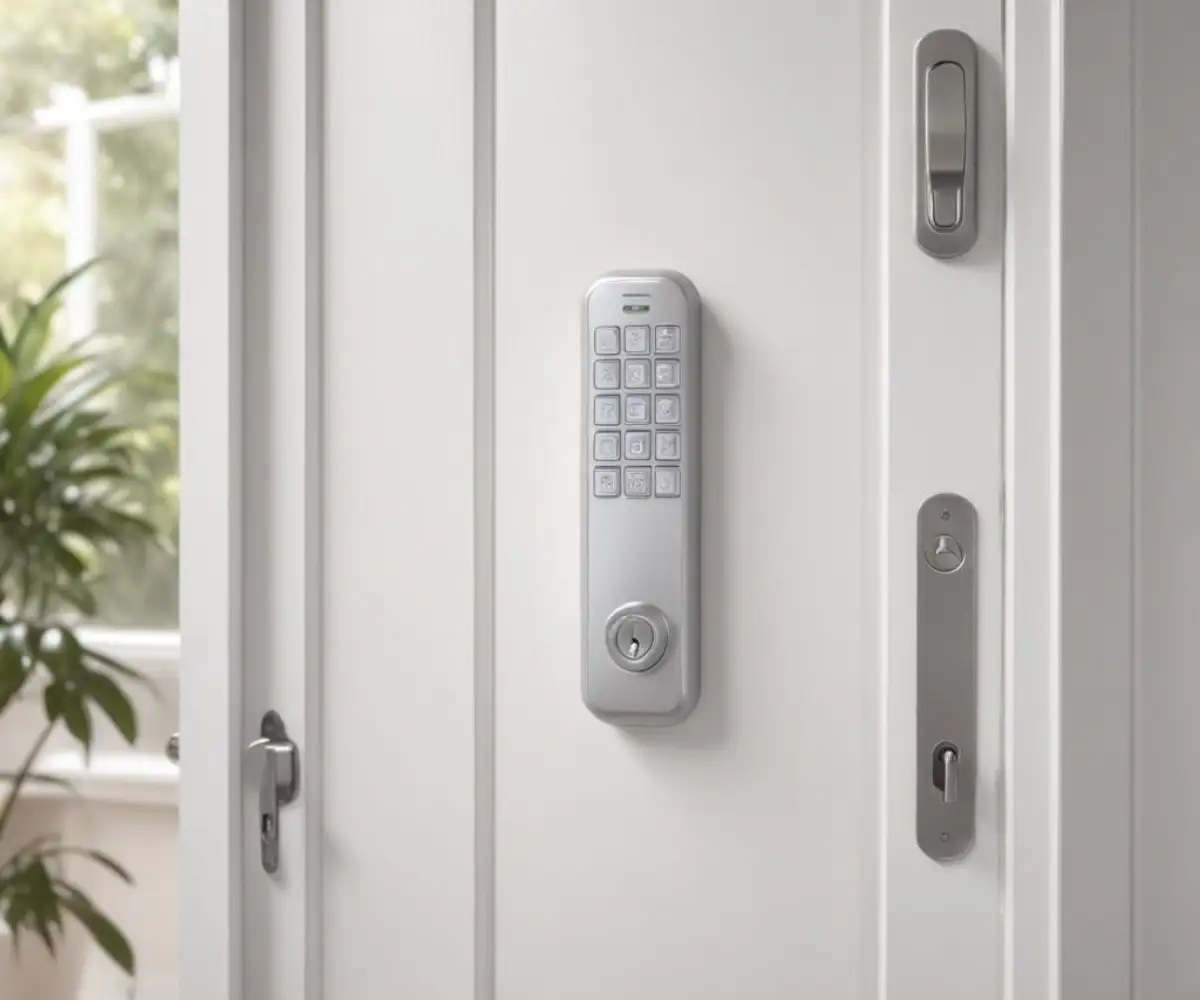 A white front door with a modern, silver smart lock keypad.