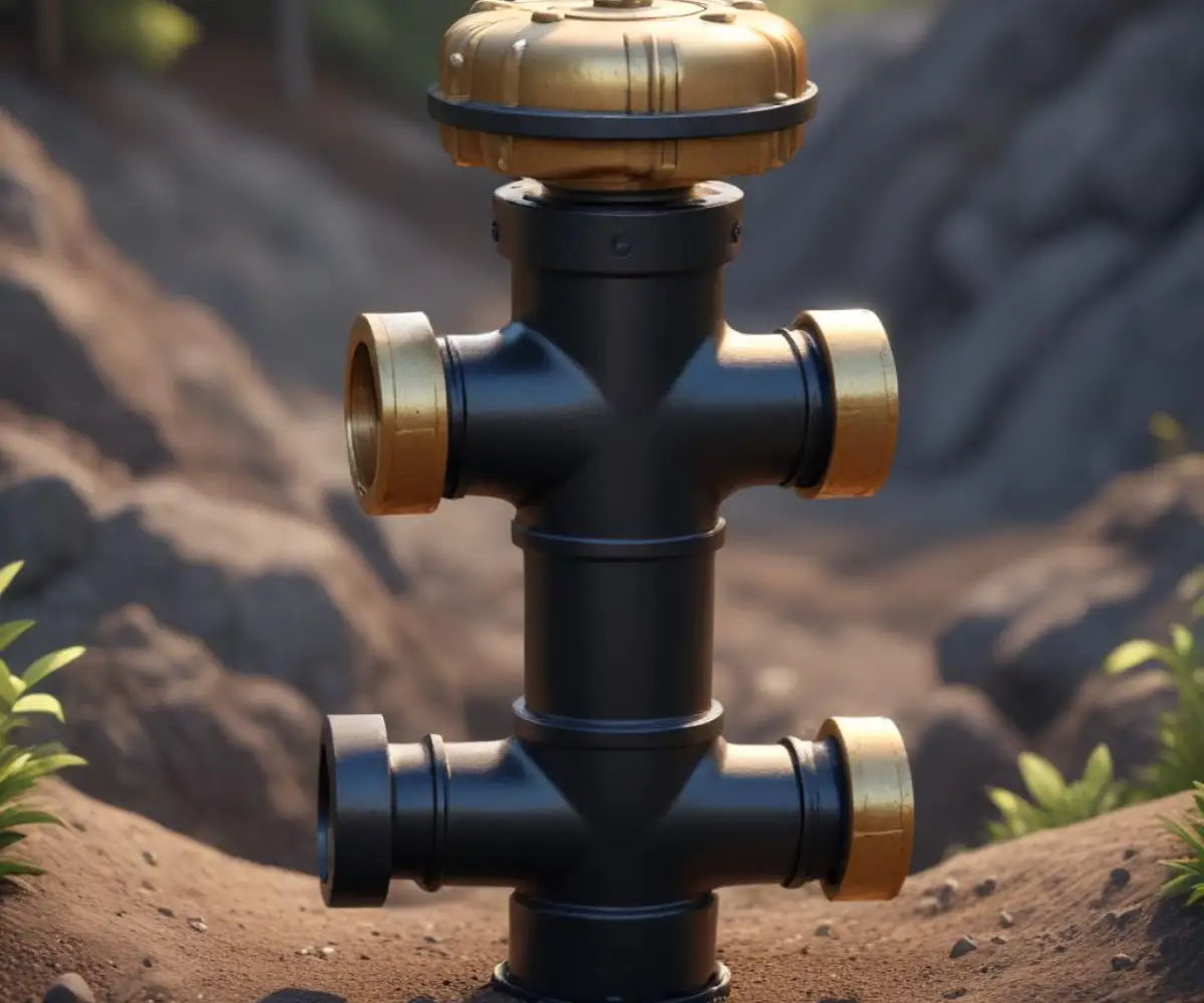 Close-up of a black iron gas pipe with a brass cap securely fitted on the end.