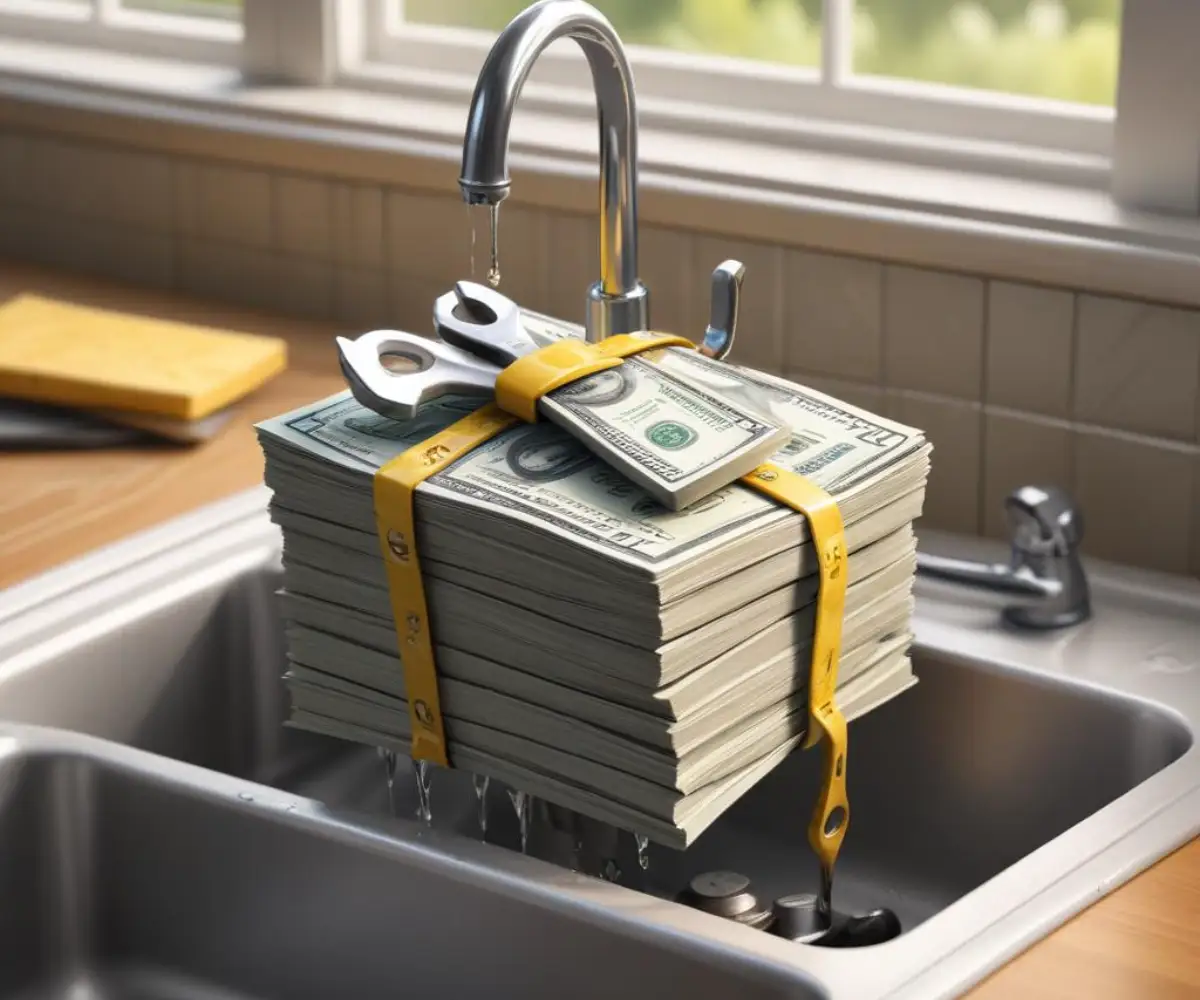 A stack of cash and a wrench resting on a kitchen sink with a leaky faucet.