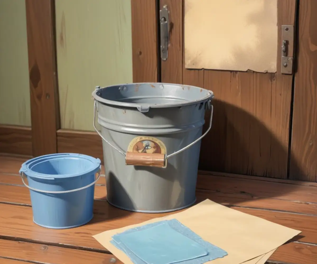 A bucket of cleaning solution next to a piece of sandpaper on a worn wooden surface before refinishing.