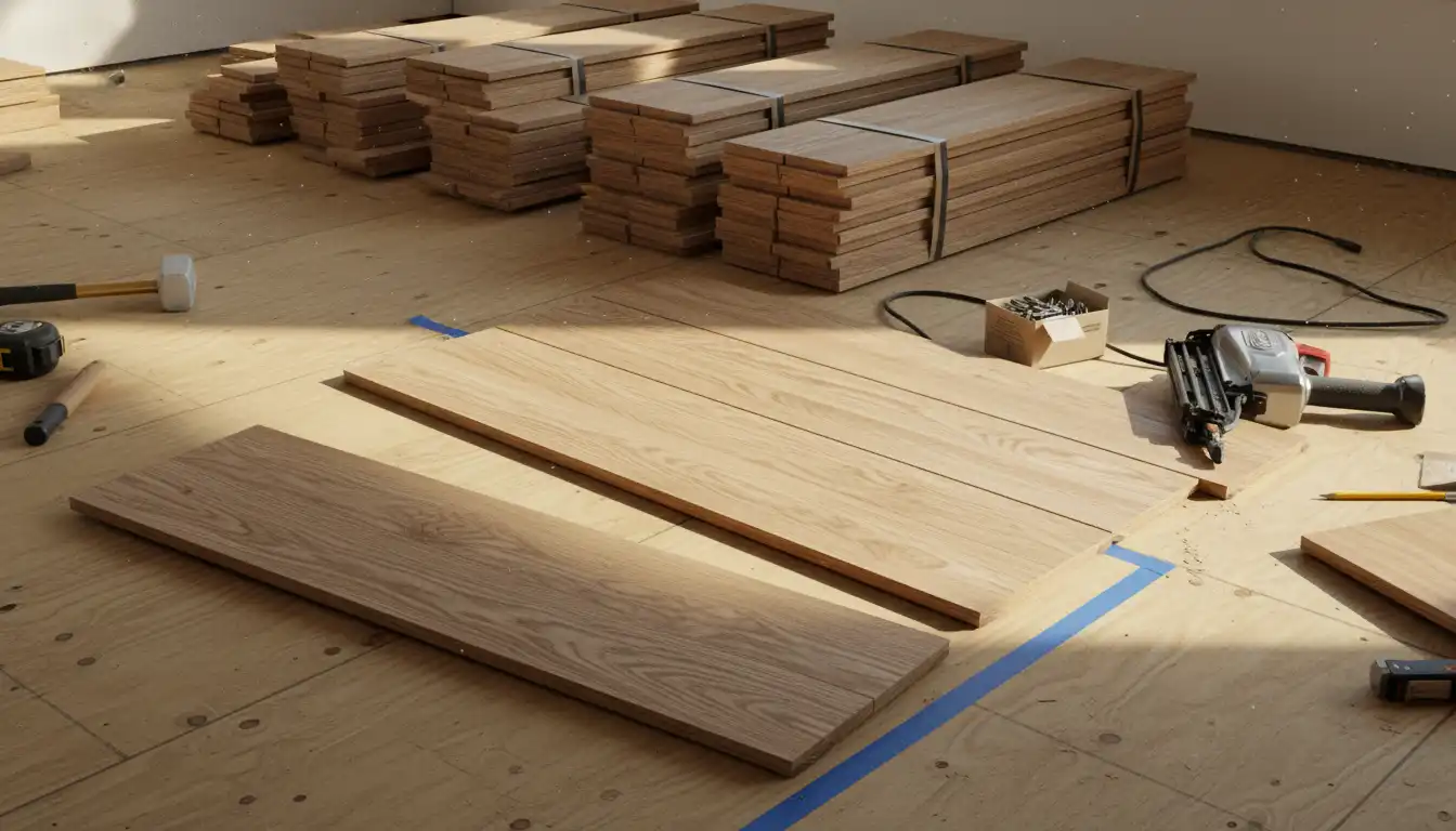 Four-inch wide solid oak hardwood flooring planks ready for installation on a plywood subfloor.