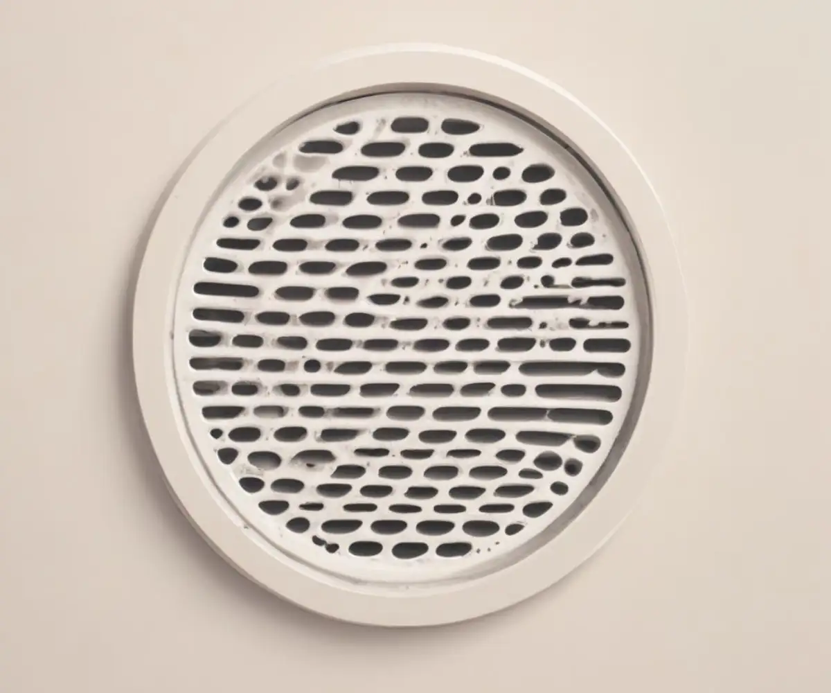 A close-up of a circular air vent grate on a plain interior wall.