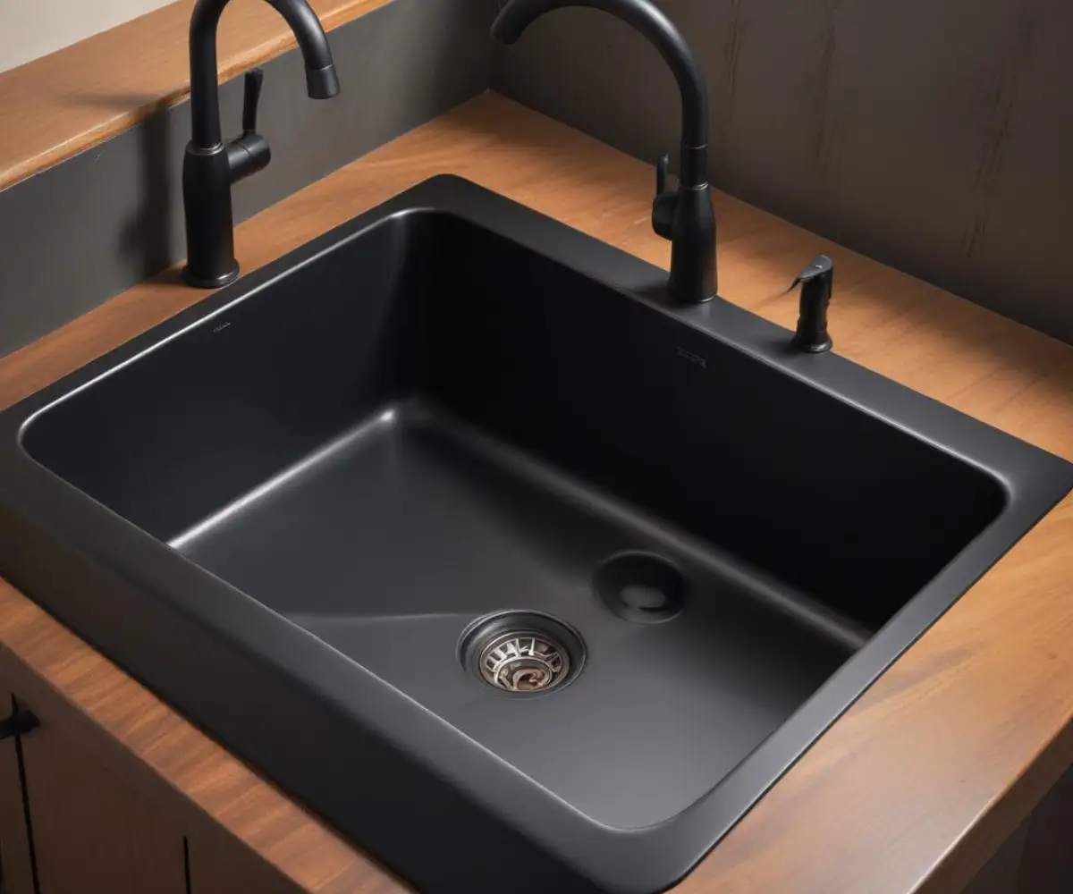 A close-up photograph of a matte black stainless steel kitchen sink, highlighting its surface texture and color.