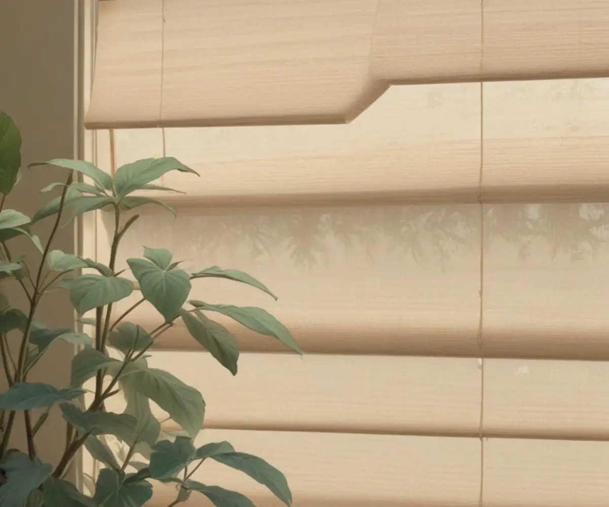 Close-up of textured, light-filtering cellular window shades in a neutral color.