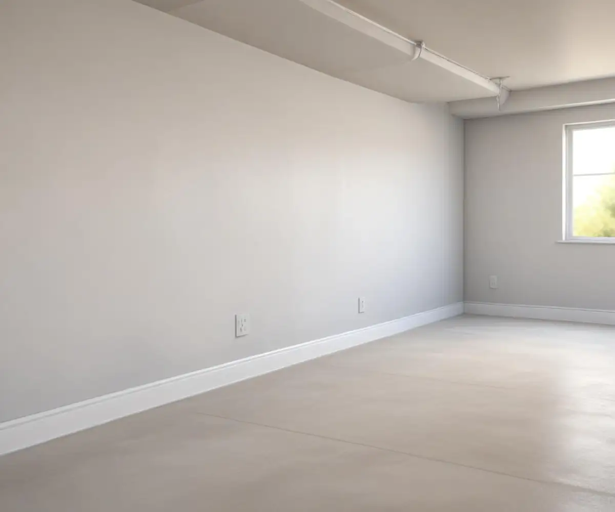 A clean, dry basement wall painted with white waterproofing sealant.