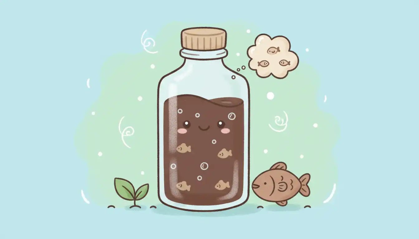A clear bottle containing dark brown fish emulsion fertilizer.