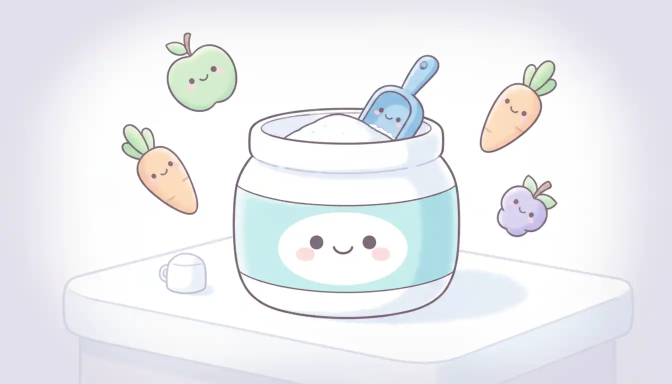 A white container of fruit and vegetable protector powder with a blue scoop resting on a clean, white kitchen countertop.