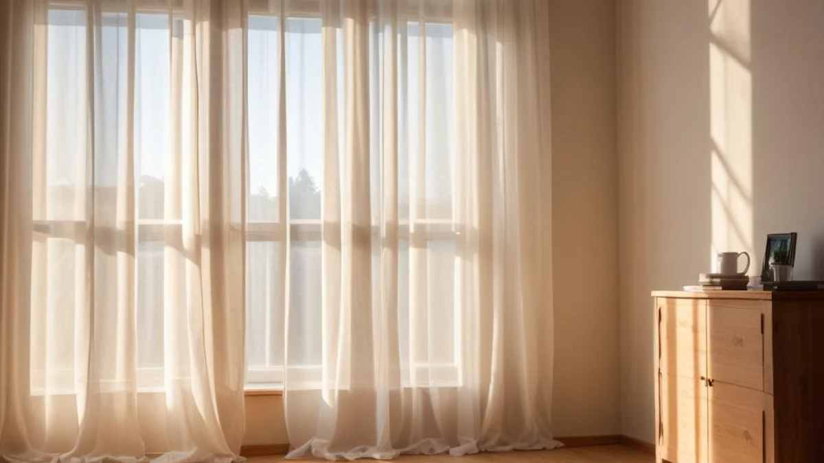 Bright indirect sunlight streaming through a sheer curtain, warming the wooden floor of a cozy room.