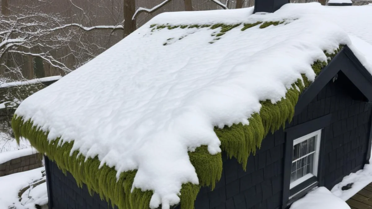 A thick blanket of snow covering green moss on a dark shingled roof.