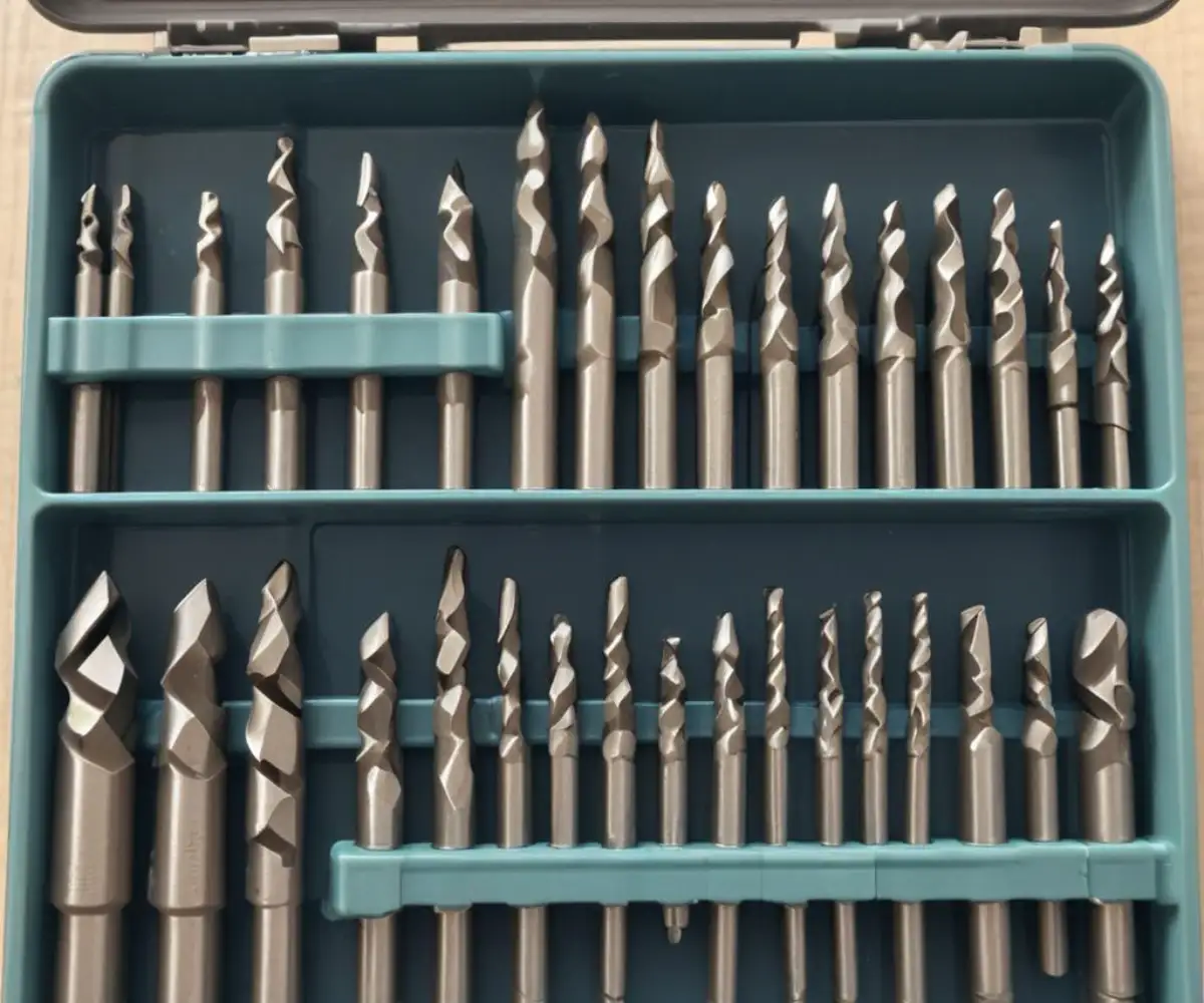 Close-up of assorted steel drill bits of various sizes in a plastic organizer case.