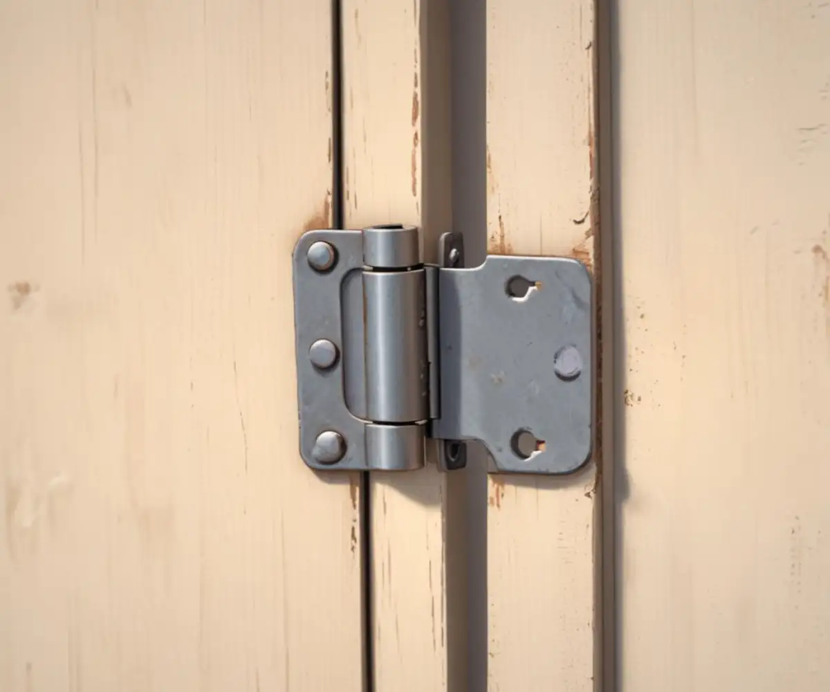A close-up view of a metal door hinge with the pin partially raised and sticking out from the top.