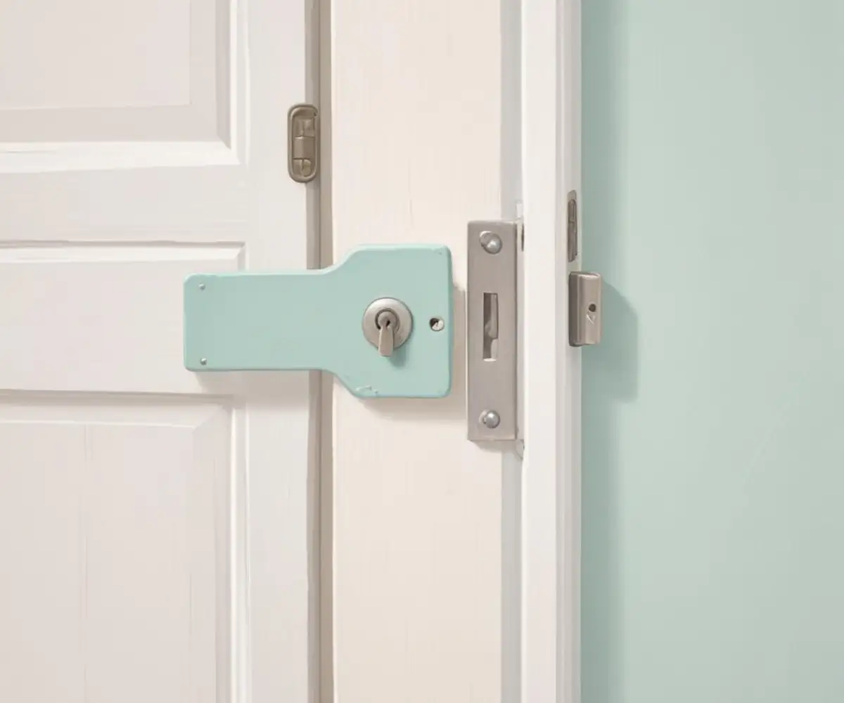 Close-up of a misaligned door latch failing to engage with the strike plate on a white door frame.