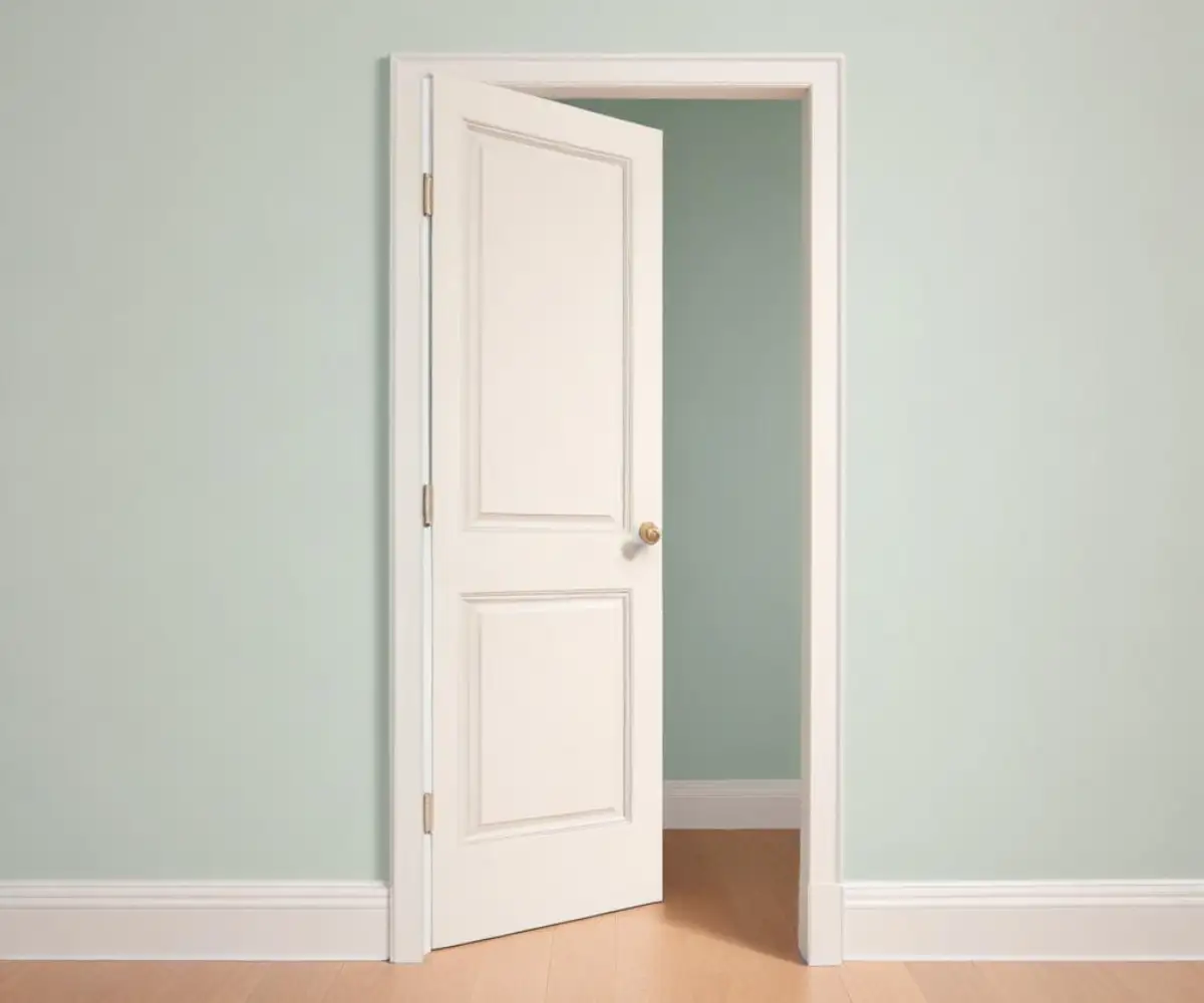 Close-up of a white interior door frame showing the vertical wood trim separating from the wall, creating a visible gap.