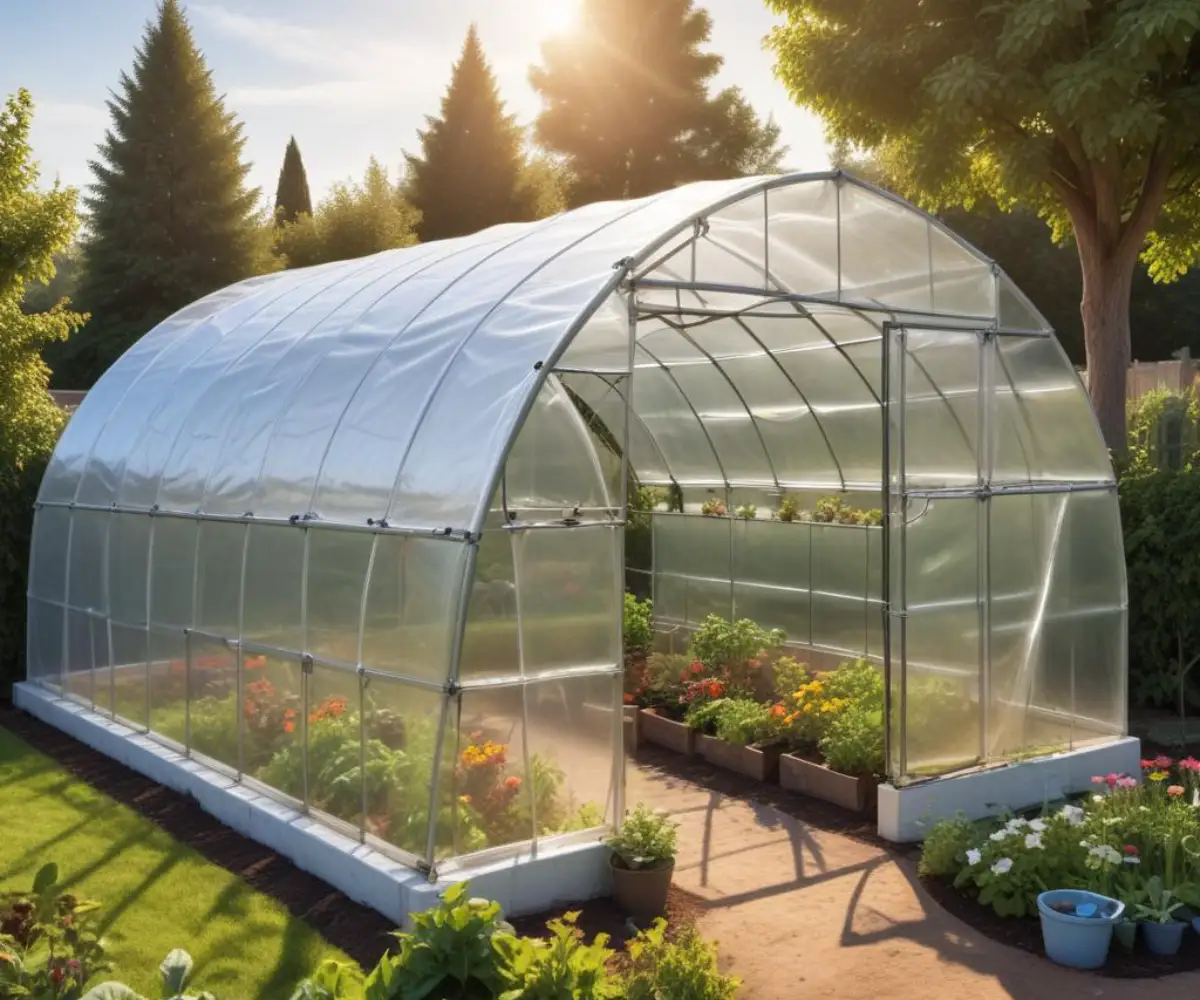 An arched greenhouse constructed from wire cattle panels and covered with clear plastic sheeting, situated in a backyard garden.