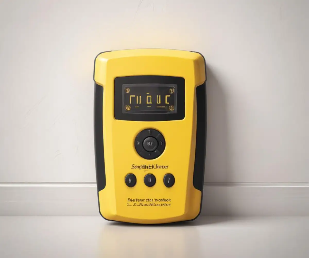A yellow and black electronic stud finder held against a plain white drywall surface.