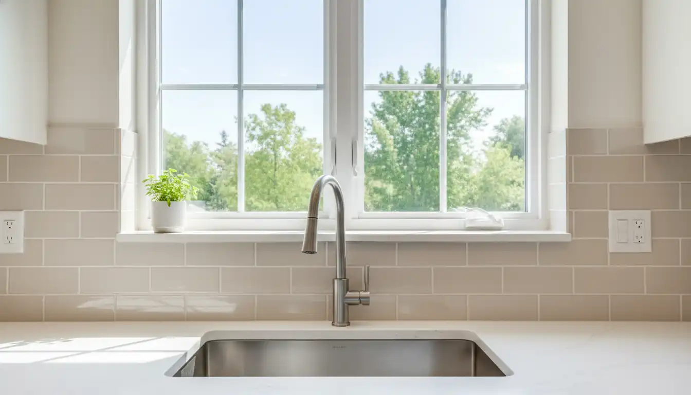 A white double-hung window installed over a kitchen sink with a modern faucet, set against a light-colored tiled backsplash.