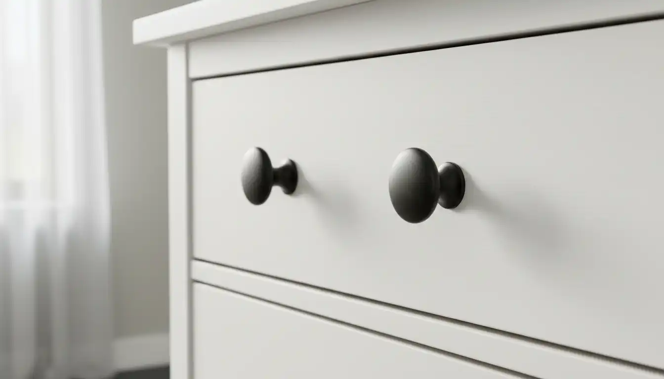 A white wooden drawer featuring two matte black knobs.
