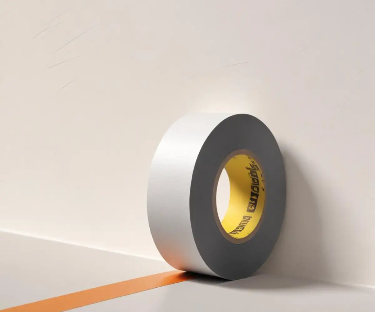 A roll of heavy-duty double-sided tape pressed against a textured white stucco wall.