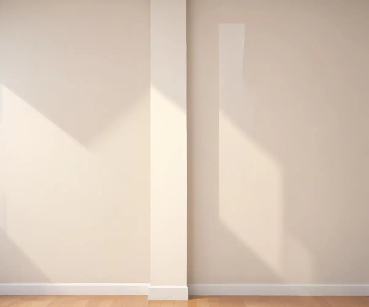An interior wall showing a side-by-side comparison of two similar off-white paint swatches under bright, natural light.