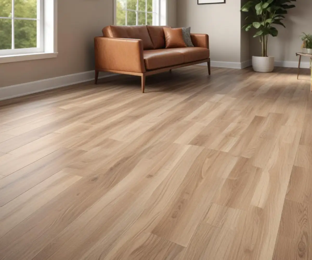 Luxury vinyl plank flooring with a realistic, textured wood grain finish installed in a well-lit residential room.