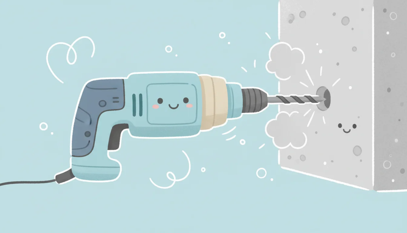 Close-up of a hammer drill with a large masonry bit boring a precise, clean hole into a gray concrete surface.