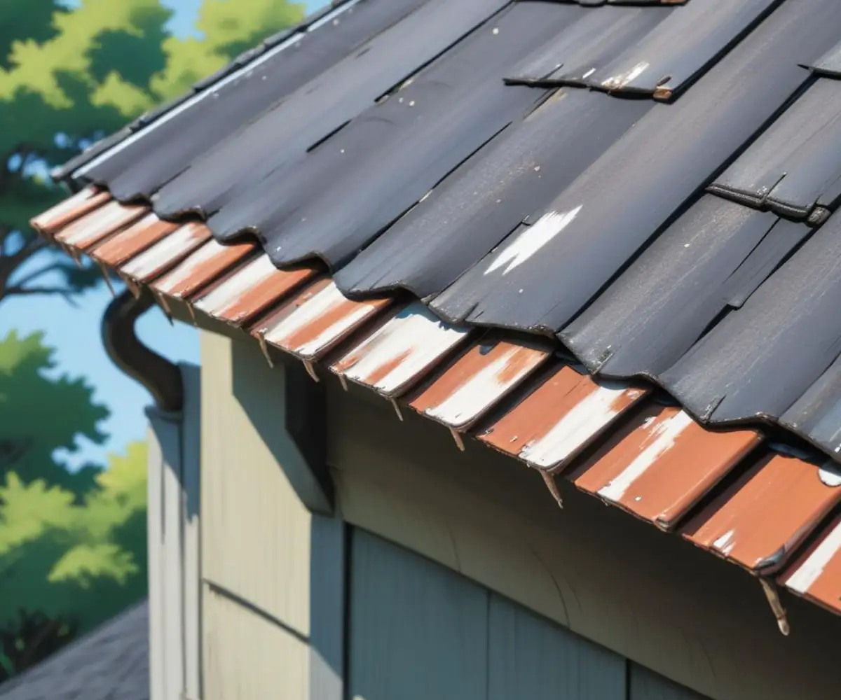 A close-up view of a warped and improperly secured metal drip edge on the eaves of an asphalt shingle roof.