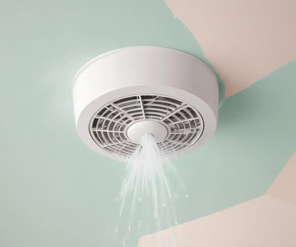 Close-up of a white ceiling with water stains surrounding a circular bathroom exhaust fan vent.