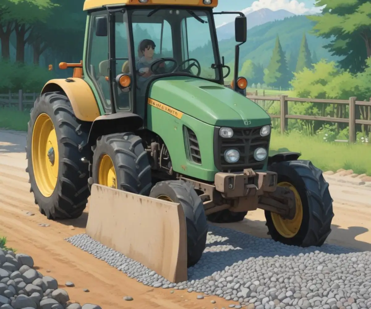 A close-up of a grading scraper attachment on a tractor, leveling a gravel driveway with small stones.