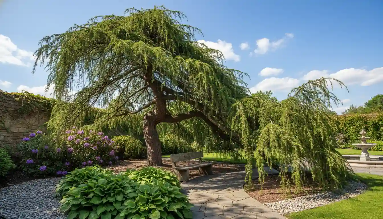 A mature weeping Norway spruce tree with long, drooping branches covered in green needles, standing as a specimen in a landscaped garden.