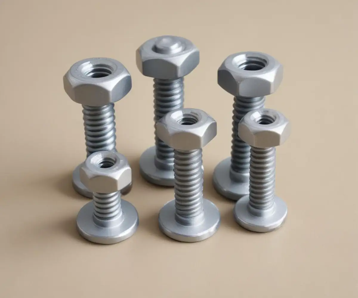A close-up of four metal shipping bolts with plastic spacers against a plain, neutral background.