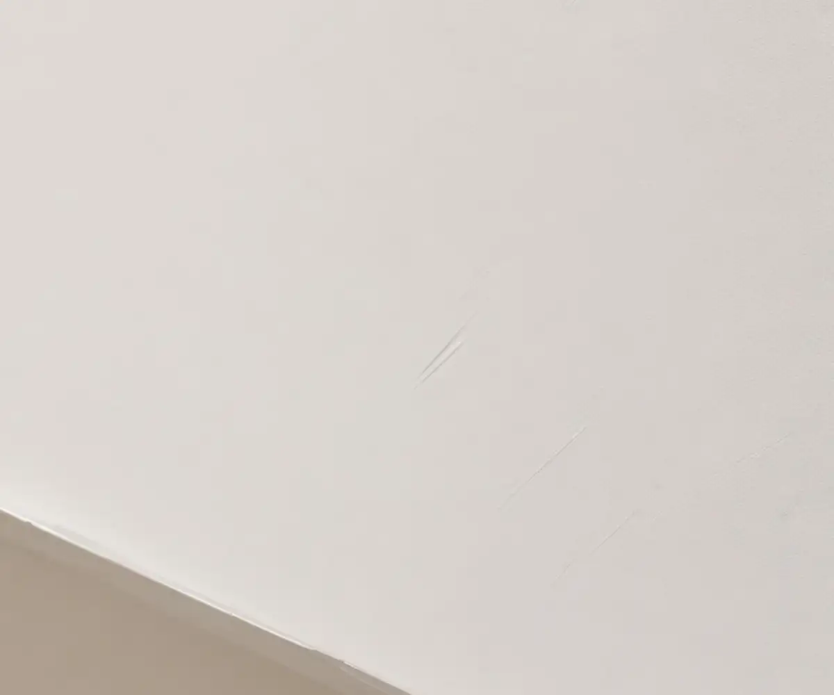 A close-up of a textured white waterproof sealant applied to a smooth, light-colored drywall surface.