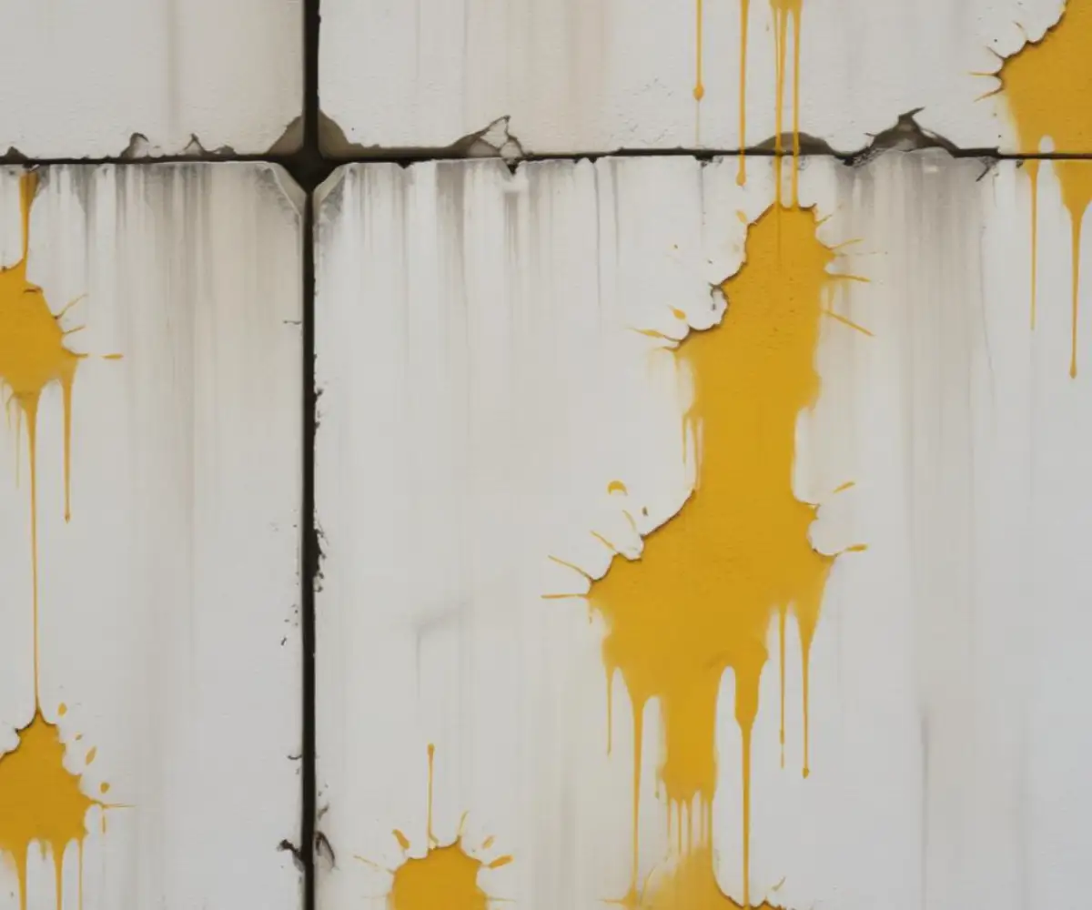 Close-up of a white concrete block wall with uneven, brownish-yellow stains bleeding through the painted surface.