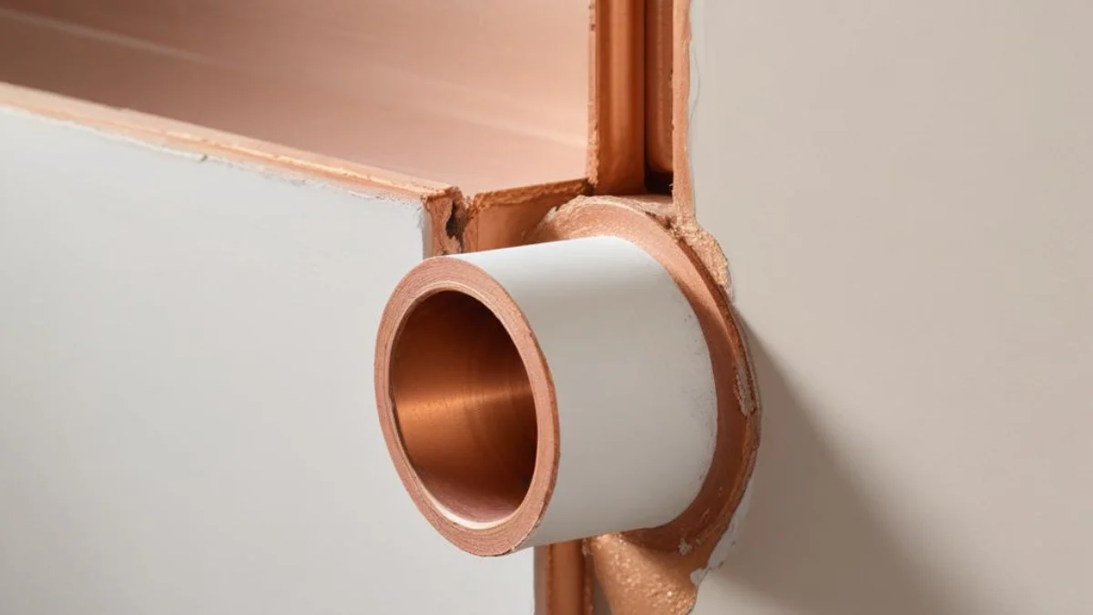A close-up of a neatly cut section of drywall fitted around a copper water pipe extending from an unfinished wall frame.