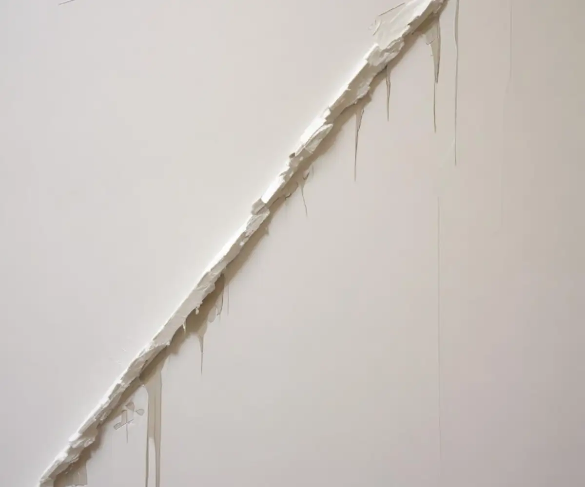 Closeup of a poorly finished drywall joint with visible tape lines and uneven joint compound on a white wall.