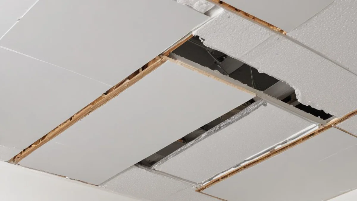 Cutaway view comparing the dense, solid structure of a drywall ceiling to the porous, absorbent panels of a drop ceiling for soundproofing effectiveness.