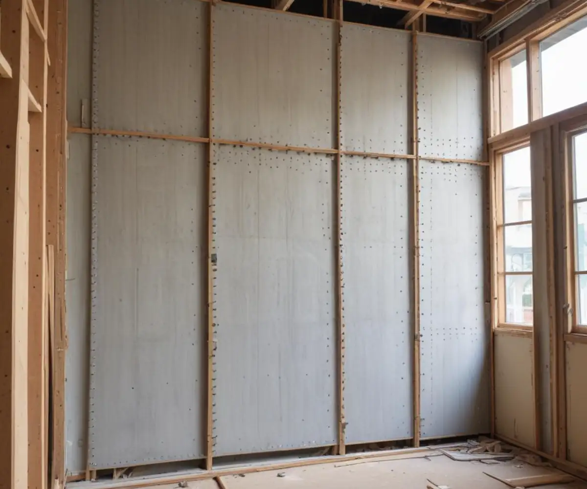 Unfinished gypsum board panels affixed to a wall frame made of metal studs in a commercial building under construction.