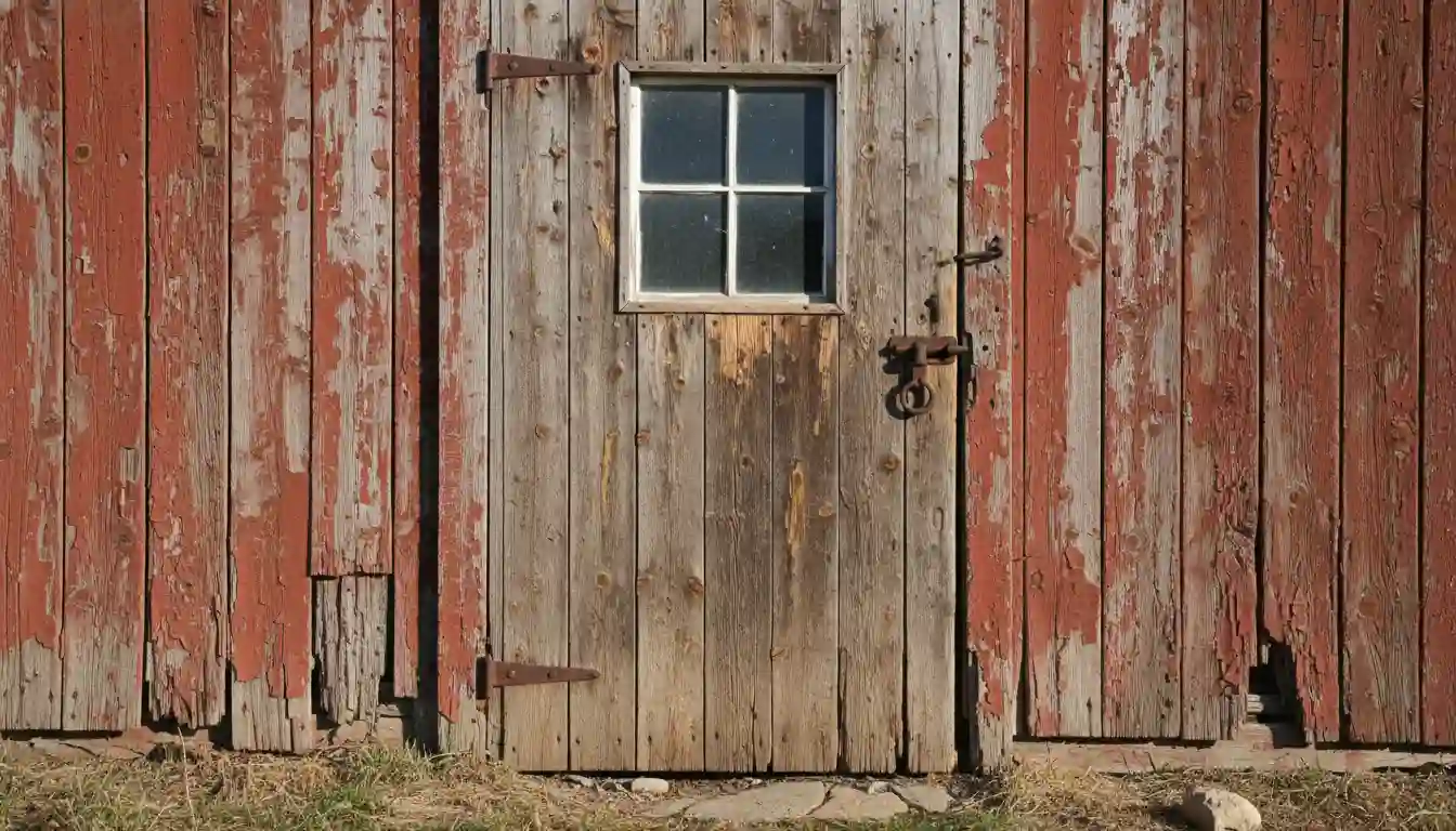 A rustic wooden barn door with a small, latched window, set against weathered red siding.