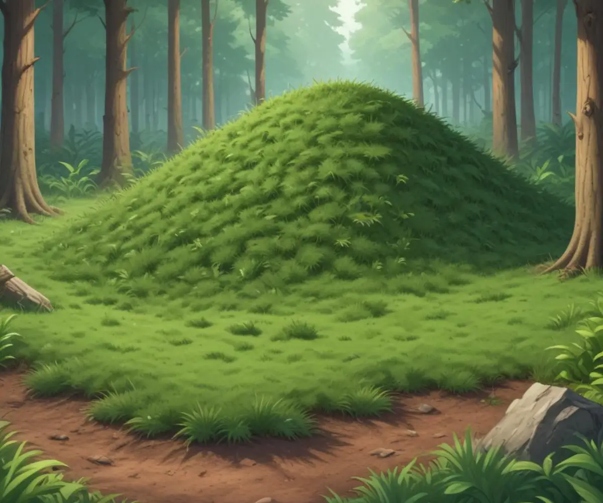A large pile of freshly cut green grass clippings left on the forest floor near some trees.