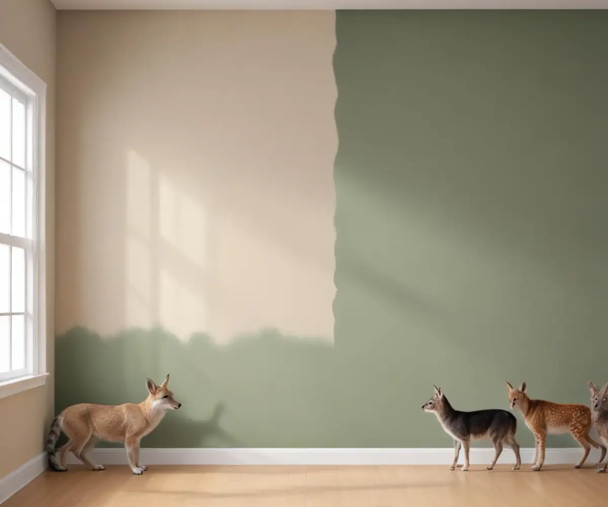 Side-by-side comparison of two freshly painted walls, one with a matte finish and the other with a satin finish, under neutral lighting.
