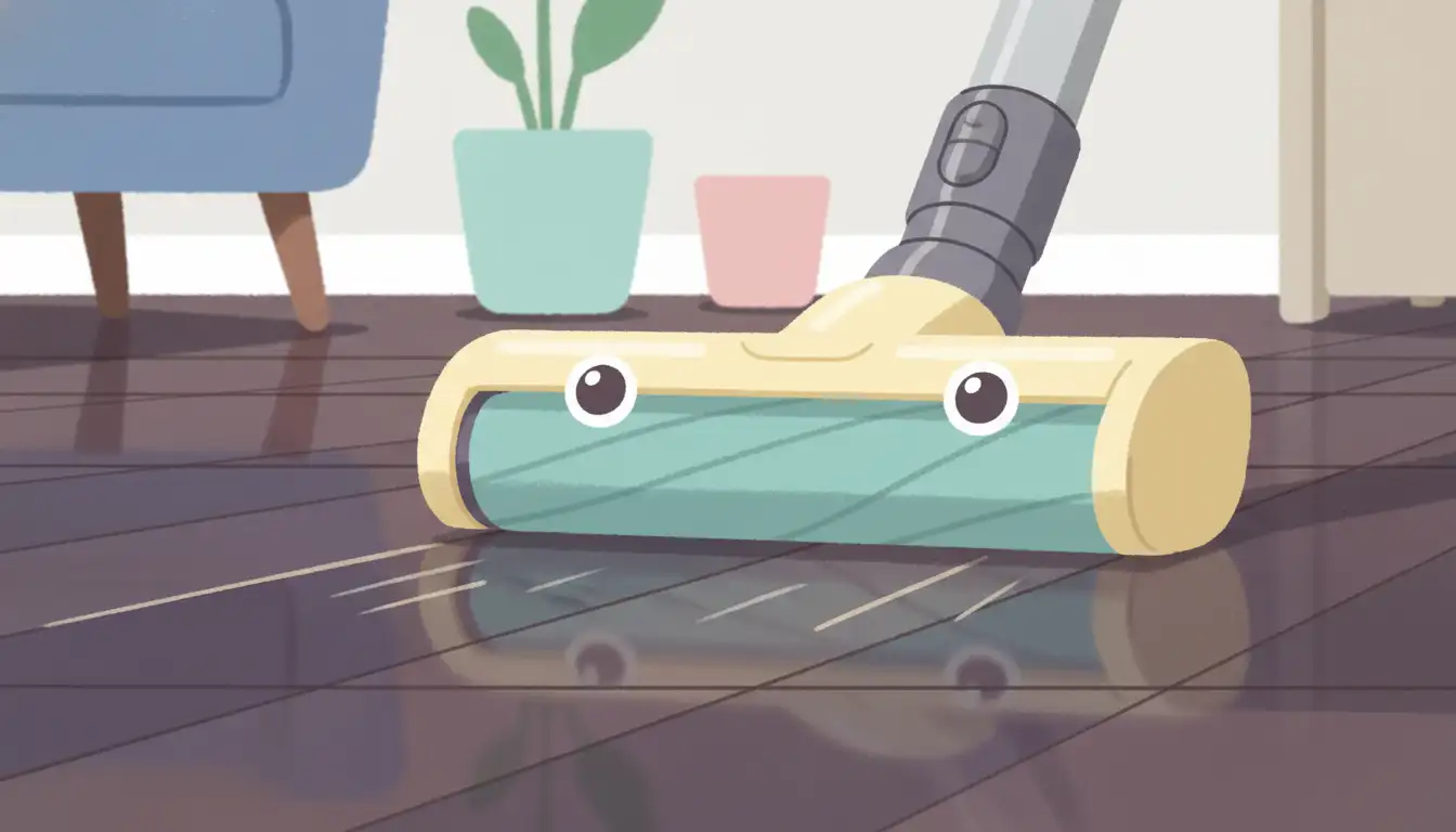 Close-up of a vacuum cleaner's soft roller brush head on a polished dark wood floor.