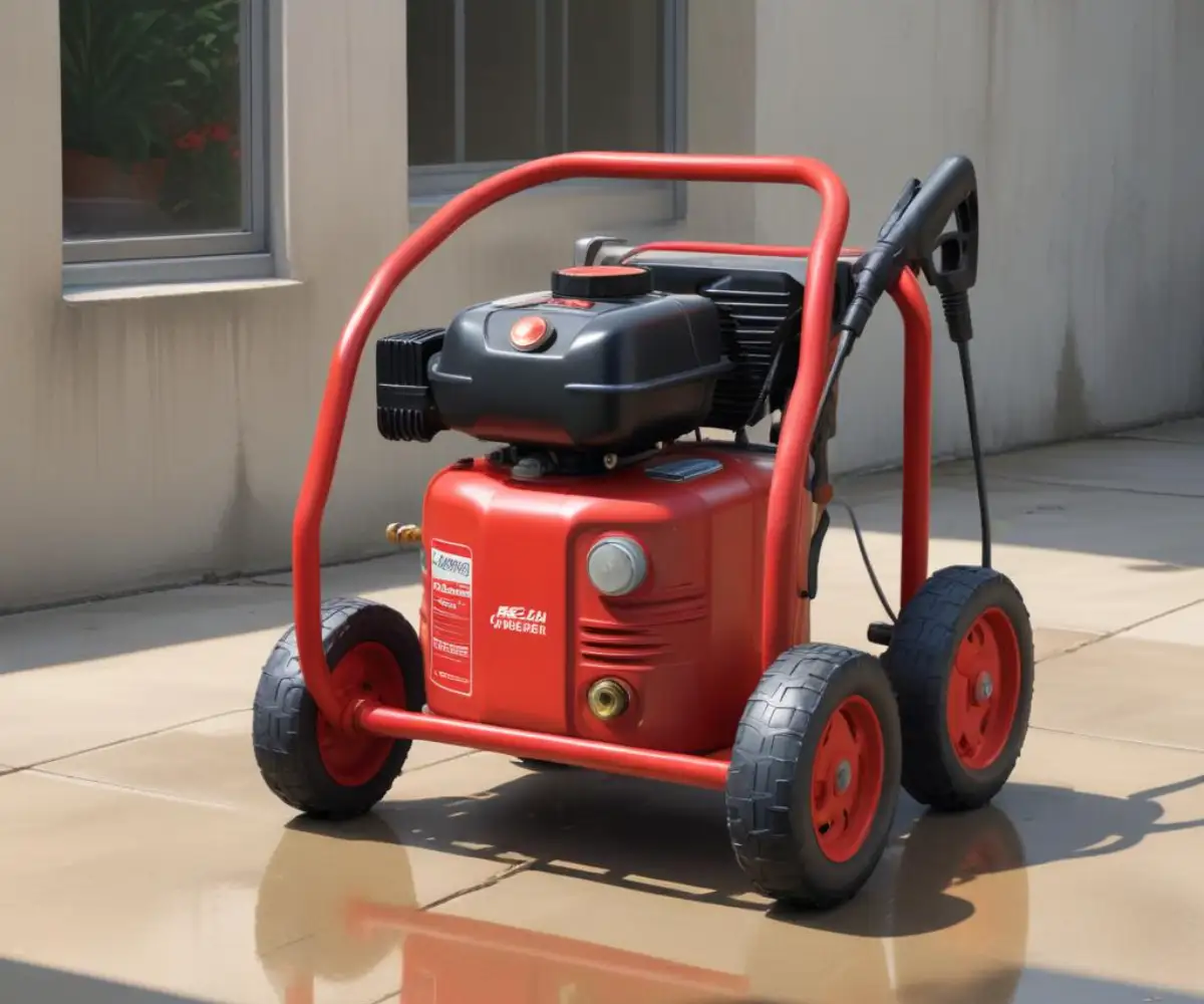 A gas-powered pressure washer with a red fuel canister resting on a clean concrete patio.