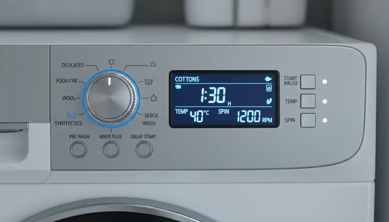 A close-up of a washing machine's silver-colored control panel with a digital display, showing various settings and buttons.