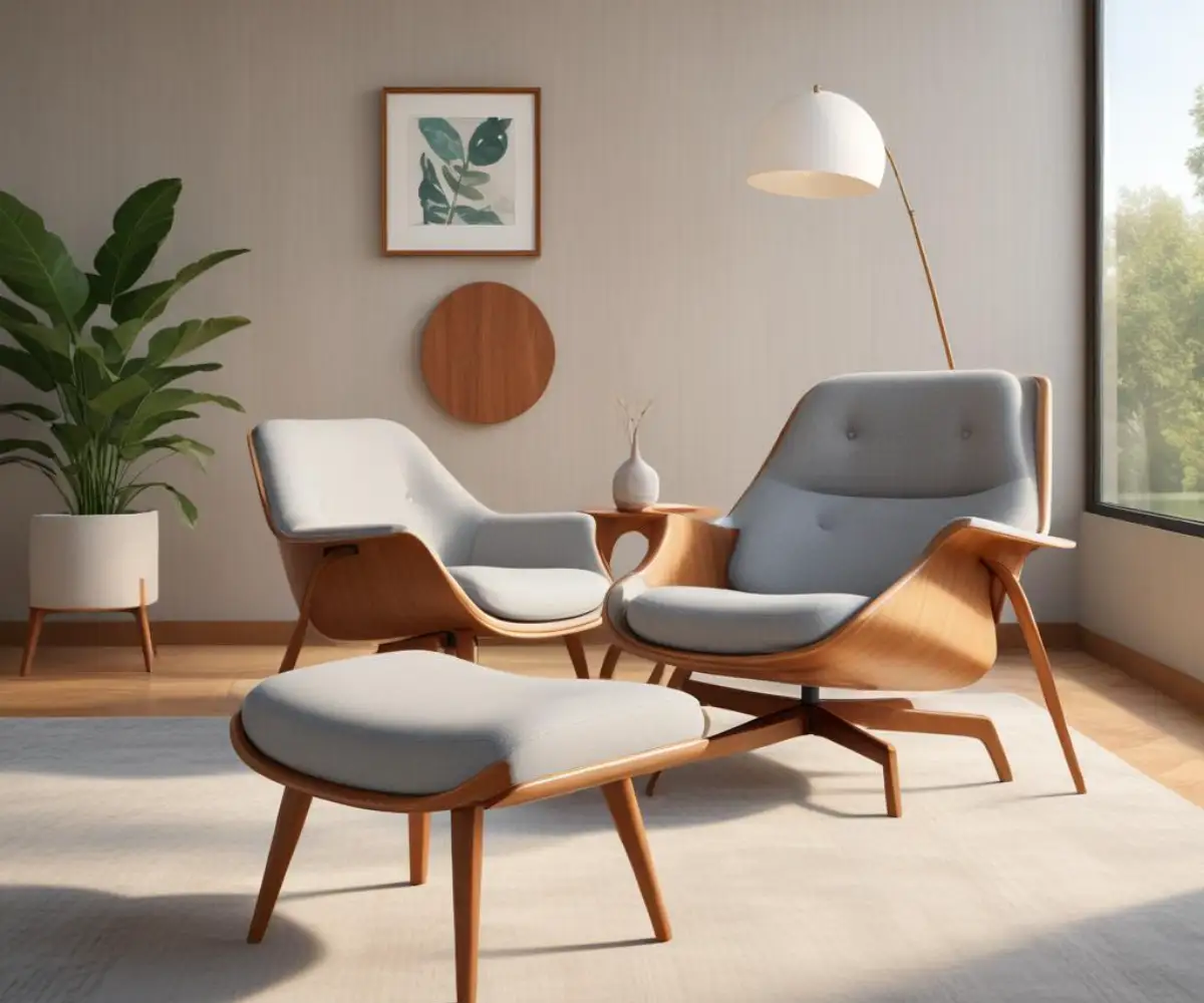A mid-century modern lounge chair with a bent plywood shell and a light gray fabric upholstery, paired with a matching ottoman.