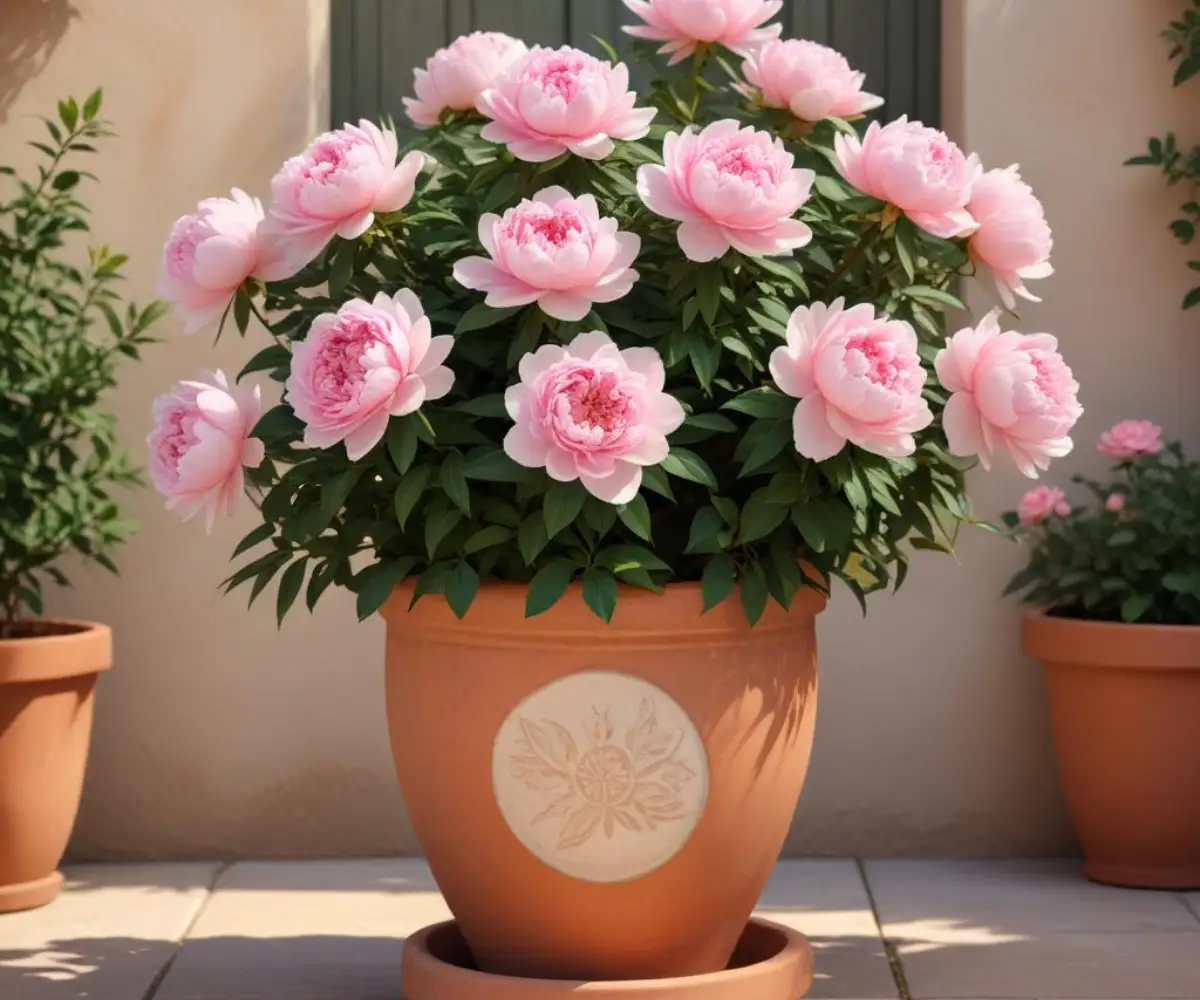 A full, peony-like Earth Angel rose with creamy pink petals blooms in a rustic terracotta container on a sunny stone patio.