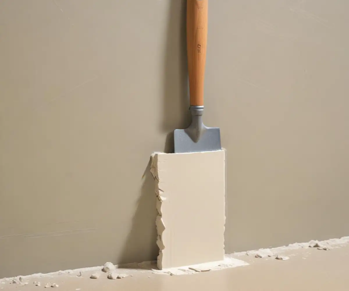 A close-up of a smooth, freshly sanded drywall joint, with a trowel resting beside it on a plain surface.