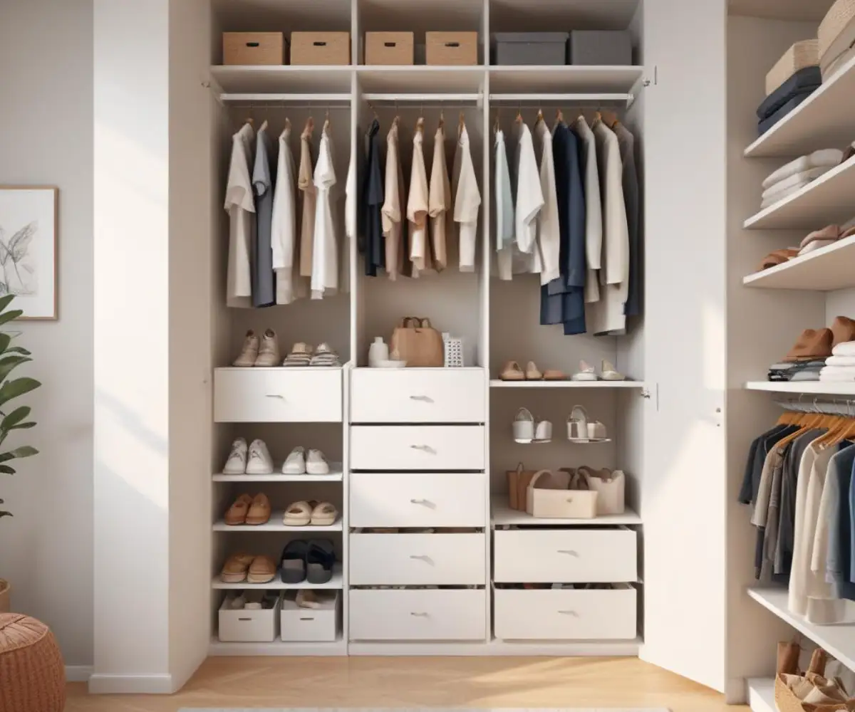 A modern, organized walk-in closet featuring a white modular shelving system with hanging rods and built-in drawers.