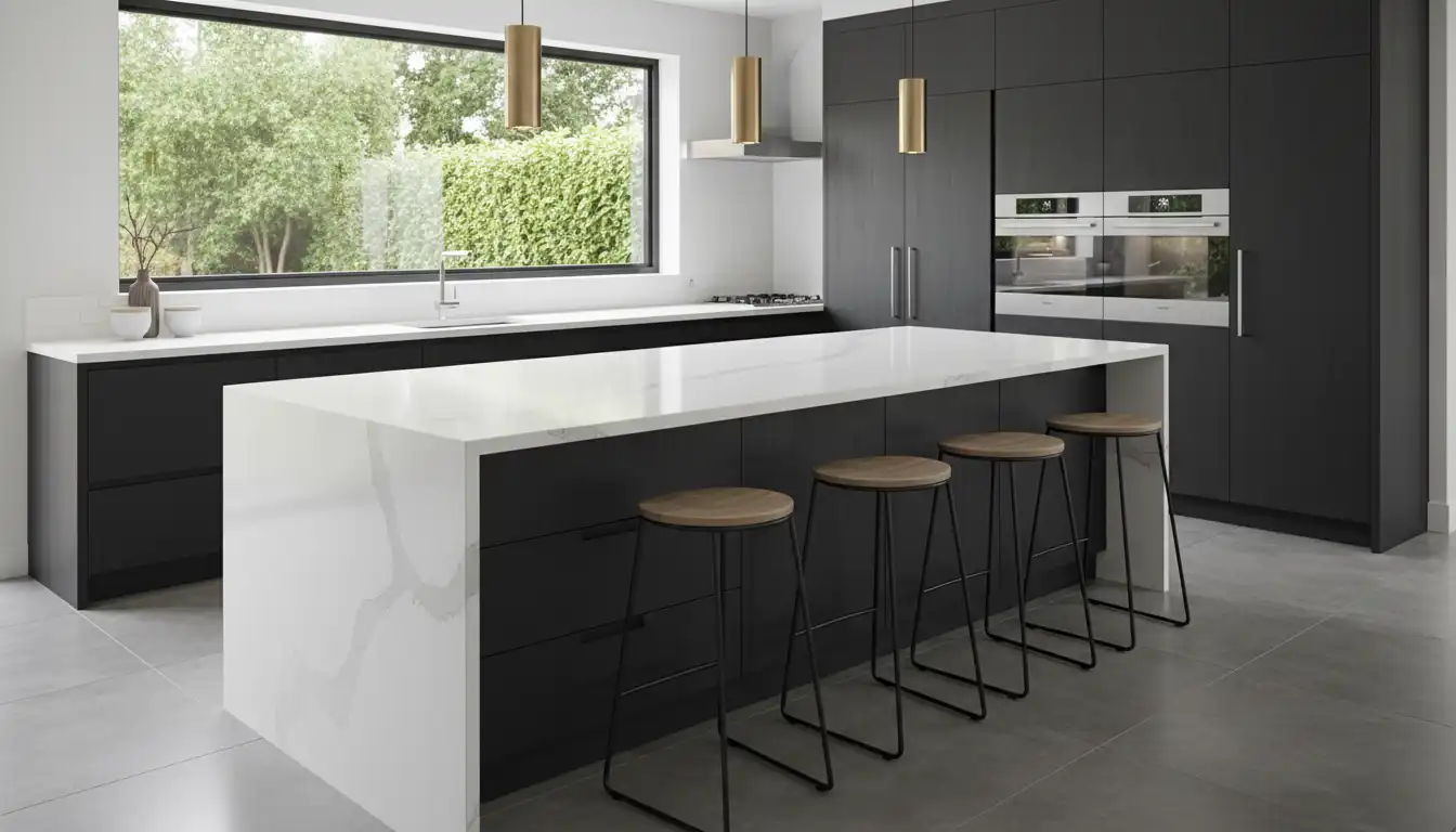 A sleek kitchen island with dark wood cabinets and a white quartz countertop under modern pendant lighting.